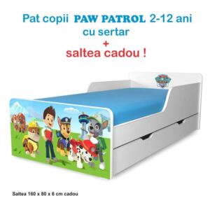 Pat copii Paw Patrol 2-12 ani cu sertar si saltea cadou