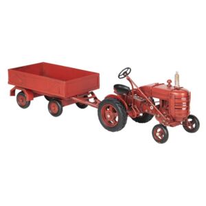 Macheta Tractor Retro cu remorca din metal rosu 17 cm x 10 cm x 12 h/ 23 cm x 10 cm x 8 h