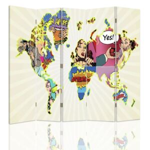 CARO Paravan - Map Of The World Pop Art | cinci păr?i | unilateral 180x180 cm