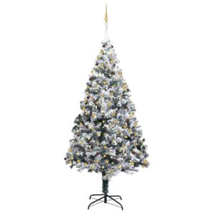 Brad Crăciun artificial LED-uri&globuri&zăpadă verde 300 cm PVC