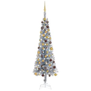 Set pom de Crăciun subțire cu LED-uri/globuri argintiu 210 cm