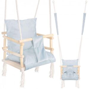 Leagan suspendabil din lemn pentru copii, cu 2 perne, capacitate 30 kg, 152 cm, albastru
