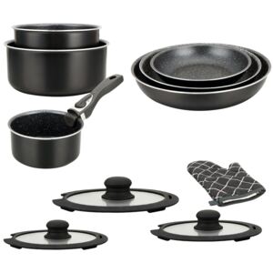 Herzberg HG-8054: 11-Pieces Marble-Coated Cookware Set with Removable Handle Black