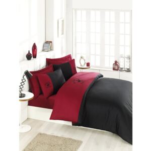 Lenjerie de pat din bumbac satinat și cearșaf BHPC Mezzo, 200 x 220 cm, negru-roșu