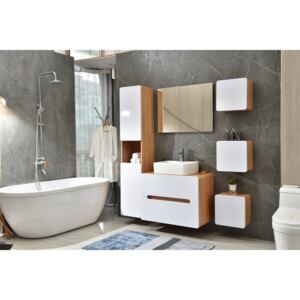 Set mobilier pentru baie din MDF, Quality Alb / Stejar 80 cm, 7 piese