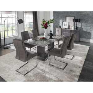 Set masa din marmura si MDFDonatellaGrey + 6 scaune tapitate cu stofa, cu picioare metaliceDonatellaGrey, L160xl100xH76 cm