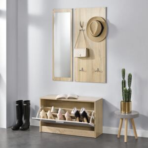 Set mobila pentru hol pantofar cuier de perete oglinda lemn/melamina culoarea lemnului