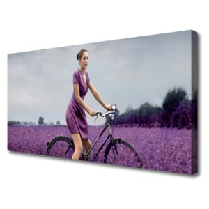 Tablou pe panza canvas Femeia biciclete Meadow Oameni roz