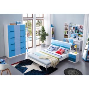 Set mobilier dormitor Blue din MDF pentru camera baietilor: pat 120 x 200cm noptiera dulap 3 usi birou scaun