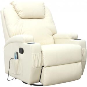 Fotoliu recliner Cinemo, cu masaj, incalzire, rotativ si cu suport pentru bauturi, piele naturala, crem