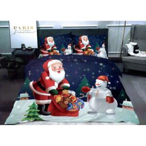 Lenjerie de pat matrimonial cu 4 huse de perna cu mix dimensiuni, Happy Santa, bumbac mercerizat, multicolor