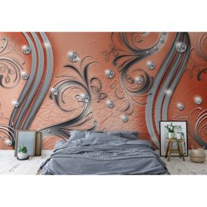 Fototapet - Ornamental Silver And Orange Swirl Design Vliesová tapeta - 250x104 cm