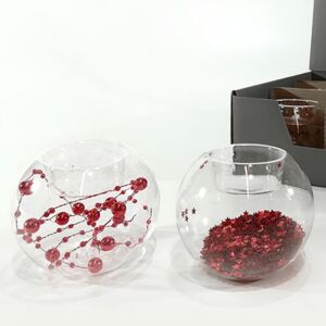 Suport pentru lumanare din sticla cu decor rosu 8 cm - 2 modele la alegere