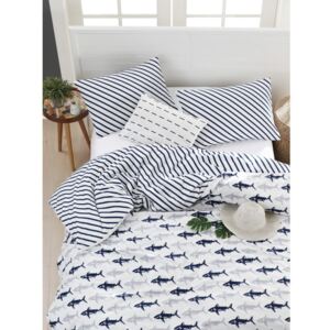 Lenjerie de pat cu cearșaf din bumbac ranforce, pentru pat dublu Mijolnir Shark Dark Blue & White, 200 x 220 cm