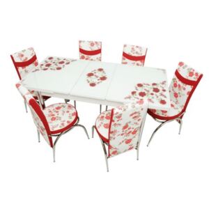 Set masă extensibilă cu 6 scaune, MERCAN (Trandafiri Roșu)