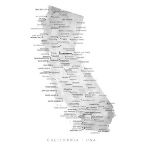 Harta Map of California in gray watercolor, Blursbyai