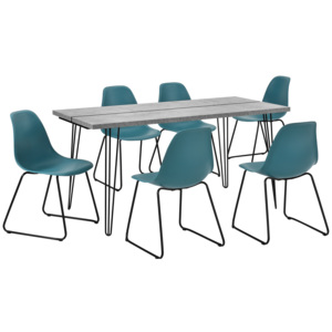 [en.casa]® Set design masa bucatarie cu 6 scaune, 160 x 75 x 77cm, efect beton/turcoaz