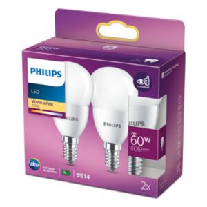 Set 2 becuri LED lustra lumina calda Philips E14, 60W, 806lm