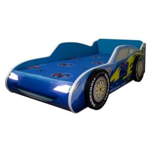 Pat copii masina Fulger McQueen albastru cu lumini 140x70 Cm cu saltea REALIZAT LA COMANDA IN 3 SAPTAMANI