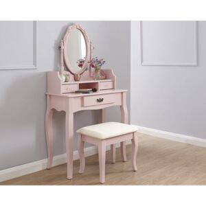 SER106 - Set Masa toaleta, 76 cm, cosmetica machiaj, masuta cu oglinda si scaunel, taburet tapitat - Roz