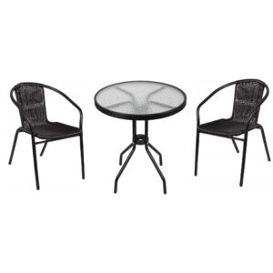 Set Masa rotunda din metal cu blat de sticla, diametru 60cm, culoare negru cu 2 scaune din ratan, culoare negru
