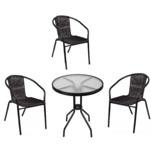 Set Masa rotunda din metal cu blat de sticla, diametru 60cm, culoare negru cu 3 scaune din ratan, culoare negru