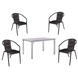 Set Masa dreptunghiulara cu blat de sticla, culoare gri cu 4 scaune din ratan, culoare negru
