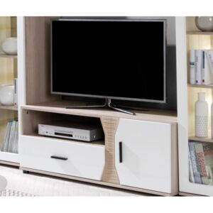 Comoda TV cu 2 usi si raft DREAM DR4, structura din lemn de pin, fronturi din MDF, culoare ulm/alb lucios, 120x50x47 LxAxh