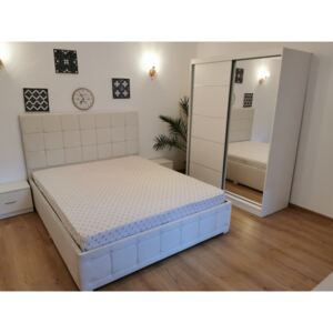 Set Dormitor Regal cu Pat Tapitat Alb Murdar 160 cm x 200 cm