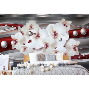 Fototapet - Modern Silver And Red Design Orchids Vliesová tapeta - 368x254 cm