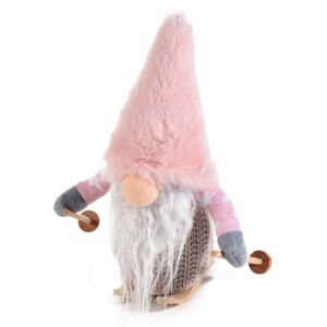 Figurina Mos Craciun cu schiuri din textil gri roz bej 12x11x22 cm