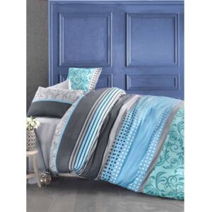 Lenjerie de pat și cearșaf din bumbac pentru pat dublu Miranda Sea, 200 x 220 cm, albastru