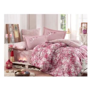 Lenjerie de pat și cearșaf din bumbac satinat pentru pat dublu Romina Pink, 200 x 220 cm