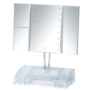 Oglinda cosmetica de masa, cu LED si organizator din plastic, Fanano Transparent, L34,5xl16,5xH39 cm