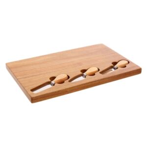 Set tocător din lemn de arbore de cauciuc și 3 cuțite pentru brânzeturi Premier Housewares, 23 x 37 cm