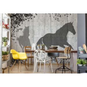 Fototapet - Horse And Nature Silhouette Concrete Texture Grey Vliesová tapeta - 254x184 cm