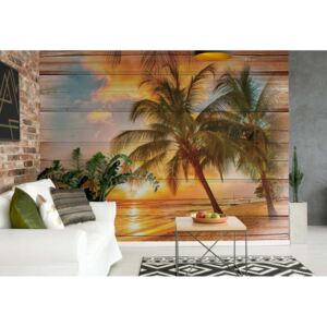 GLIX Fototapet - Rustic Tropical Beach Sunset Wood Planks Papírová tapeta - 368x280 cm
