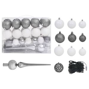 Set globuri de Crăciun cu vârf și 150 LED-uri 61 buc. alb&gri