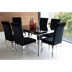 Set masa din metal si sticlaLouisBlack + 6 scaune tapitate cu stofa, cu picioare metaliceLouisBlack, L160xl90xH75 cm