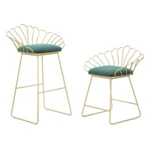 Set 2 scaune de bar glam Fleur, 94/72,5x57 /56x52/48 cm, meta/ poliester, verde/ auriu