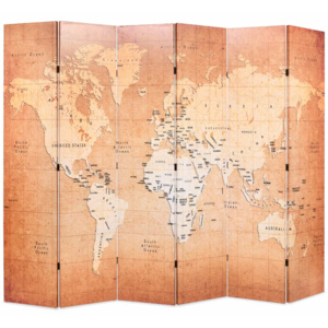 Paravan de cameră pliabil, 228 x 180 cm, harta lumii, galben