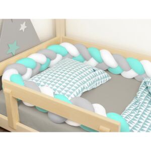 Bordură de protecție impletita manual pentru pat de copii Dimensiune: 200 cm (2 metri), Culoare: Alb – Gri – Mentă