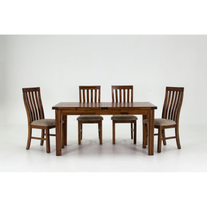 Set masa extensibila din lemn de salcam + 4 scaune cu sezut tapitat cu stofa Emerson Brown, L120-160xl90xH77 cm