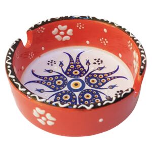 Scrumiera ceramica, lucrata manual, diametru 8 cm, motive florale oranj cu alb, handmade, EHA