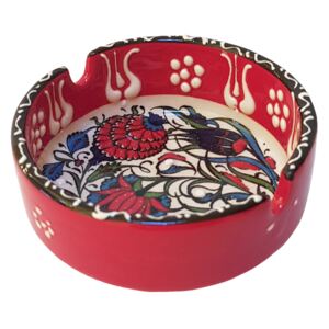 Scrumiera ceramica, lucrata manual, diametru 8 cm, motive florale rosu multicolor, handmade, EHA