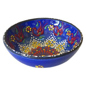 Bol turcesc ceramic in relief, handmade, diametru 12 cm, albastru colorat, EHA