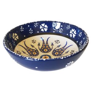 Bol turcesc ceramic in relief, handmade, diametru 12 cm, albastru cu alb, EHA