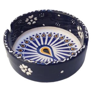 Scrumiera ceramica, lucrata manual, diametru 8 cm, motive florale bluemarin cu alb, handmade, EHA