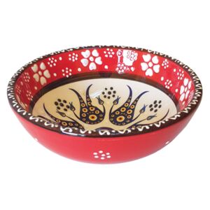 Bol turcesc ceramic in relief, handmade, diametru 12 cm, rosu cu alb, EHA