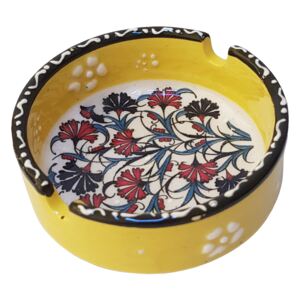 Scrumiera ceramica, lucrata manual, diametru 8 cm, motive florale galben multicolor, handmade, EHA